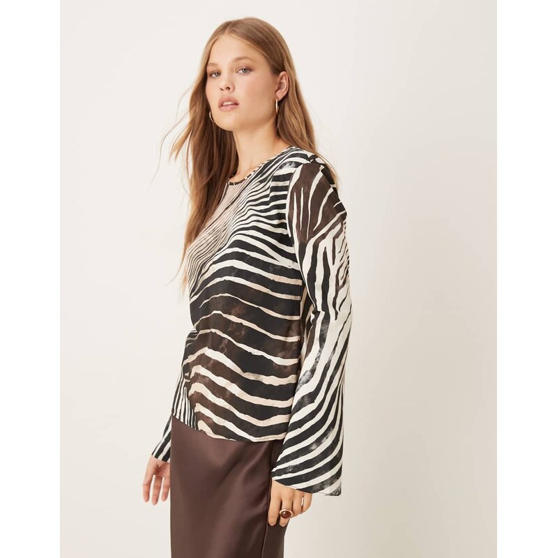 Mango chiffon long sleeve top in zebra print-Black 115614535