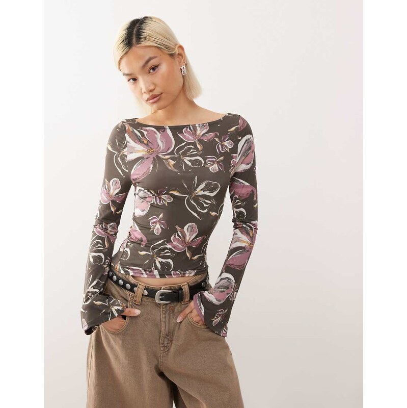 Reclaimed Vintage slash neck long sleeve top with flower print