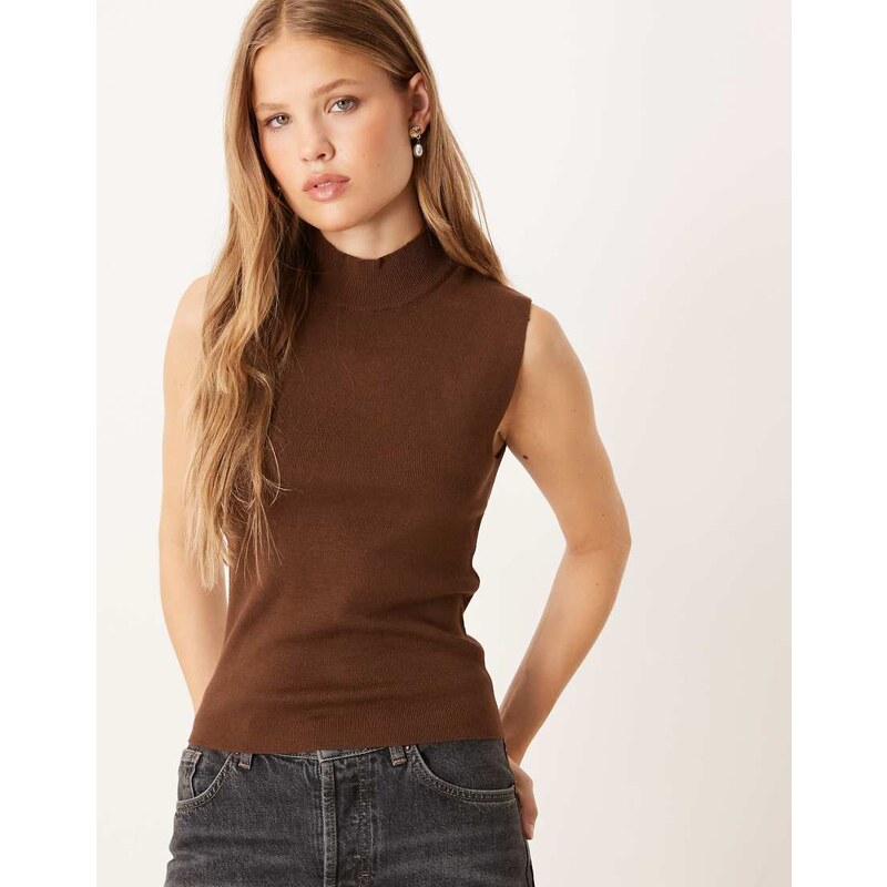 Gina Tricot sleeveless high neck knitted top in brown 107954069