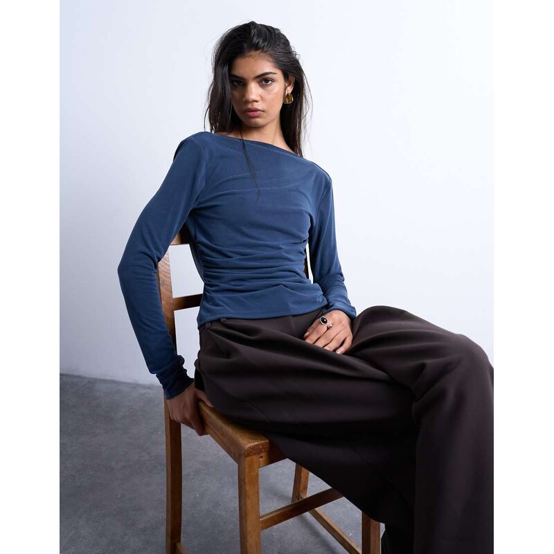Topshop cupro long sleeve cowl back top in navy