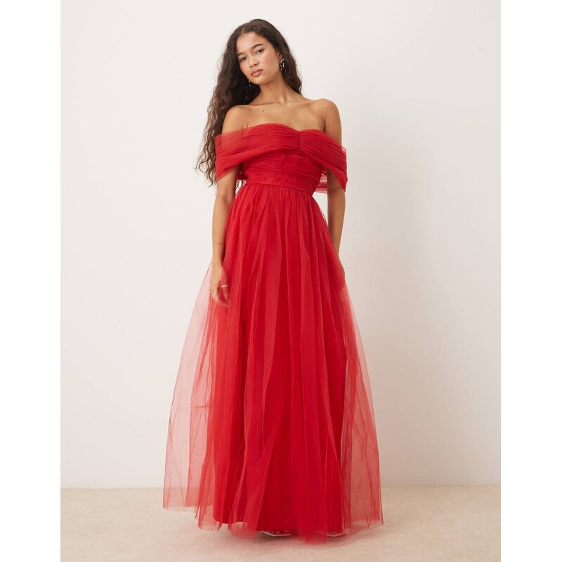 Lace & Beads off shoulder maxi tulle dress in red