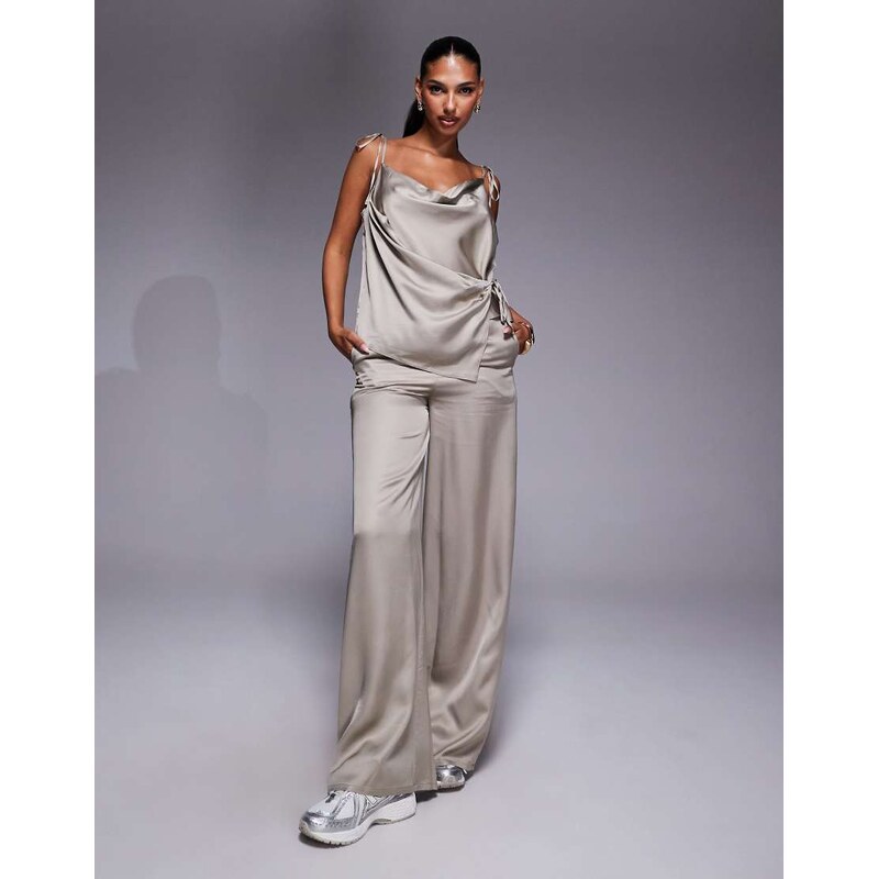 ASOS DESIGN satin co-ord trouser in champagne-White