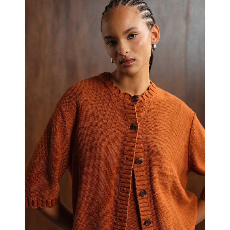 ARKET knitted cardigan with 3/4 sleeves and frill edge detail in rust 107954246