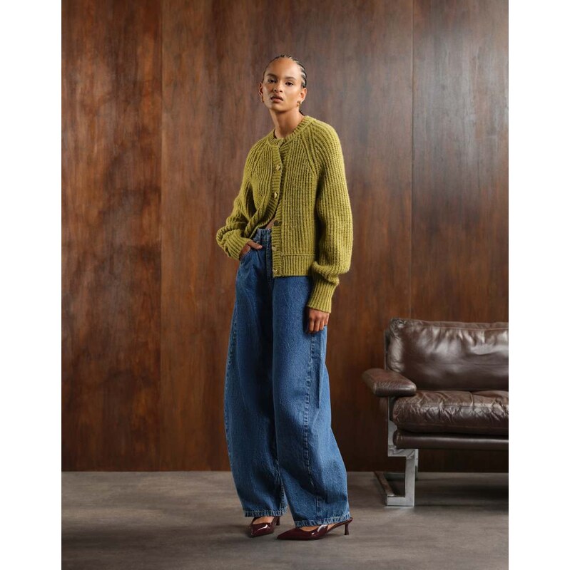 ASOS DESIGN knitted fisherman rib cardigan with raglan detail in olive 110957180