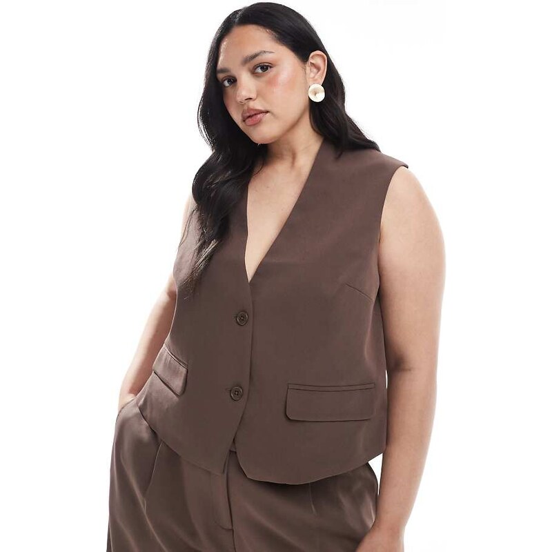 Pieces Plus Pieces Curve tailored waistcoat co-ord in chocolate brown 110835100