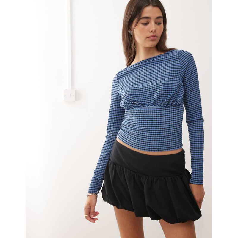 COLLUSION textured gingham slash neck in blue check-Multi