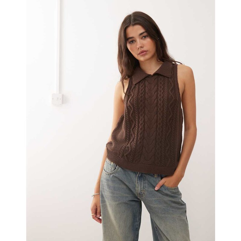 Reclaimed Vintage cable knit tank with collar detail in chocolate 107954167