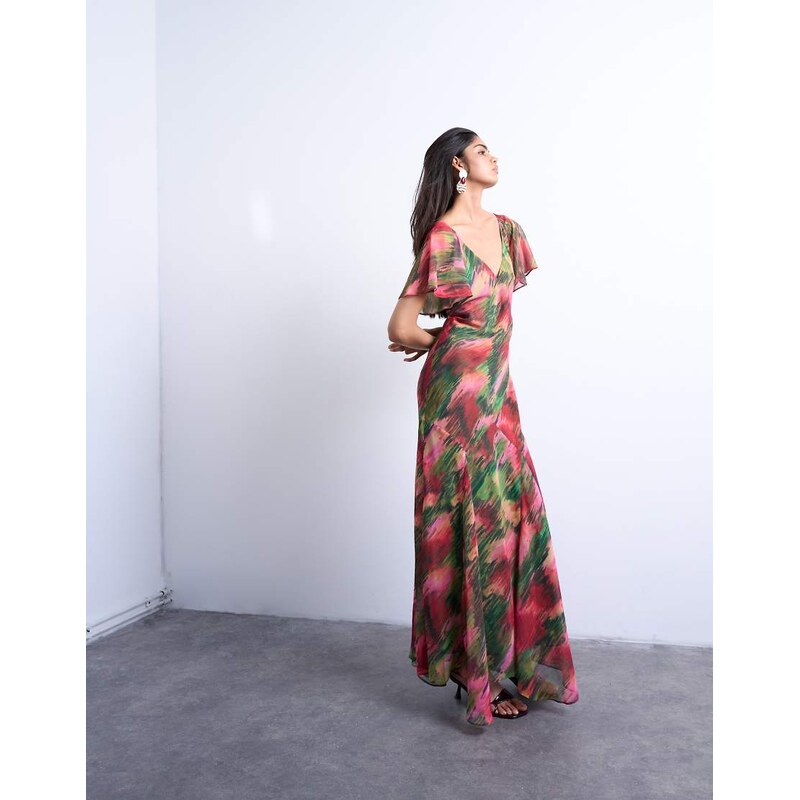 Topshop flutter sleeve godet hem midi dress in blurred floral