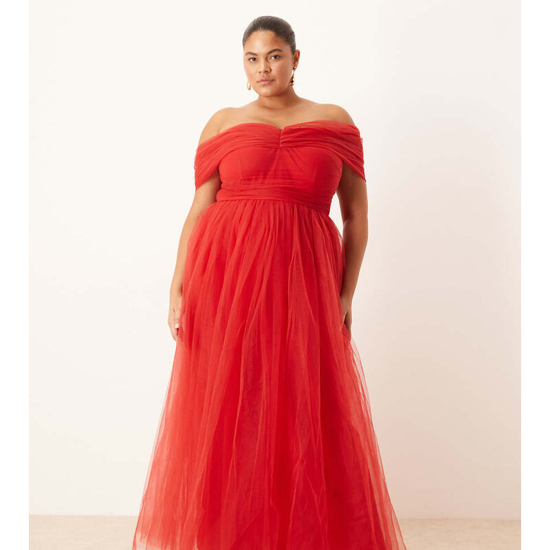 Lace & Beads Plus off shoulder maxi tulle dress in red 115667190