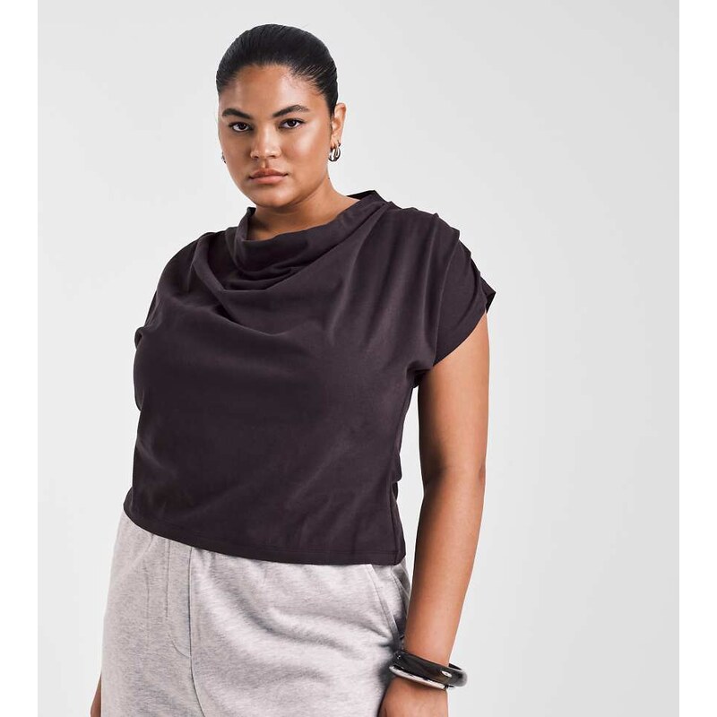 ASOS Curve ASOS DESIGN Curve cowl drape detail tee in chocolate-Brown 115513164