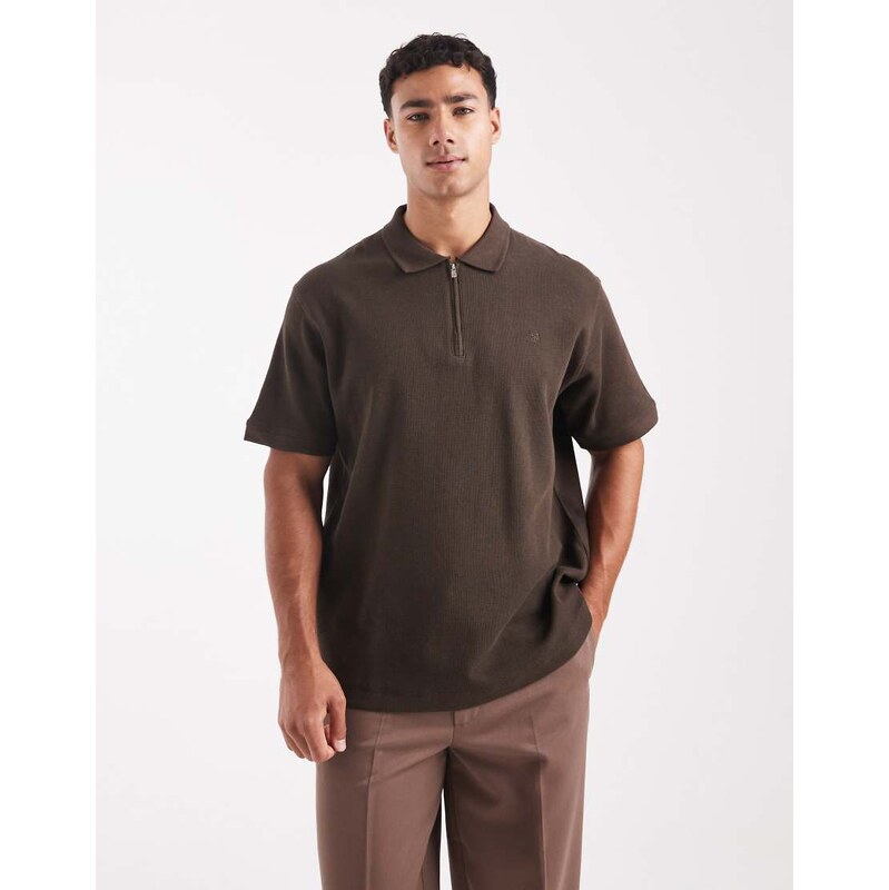Jack & Jones Premium zip textured polo in brown