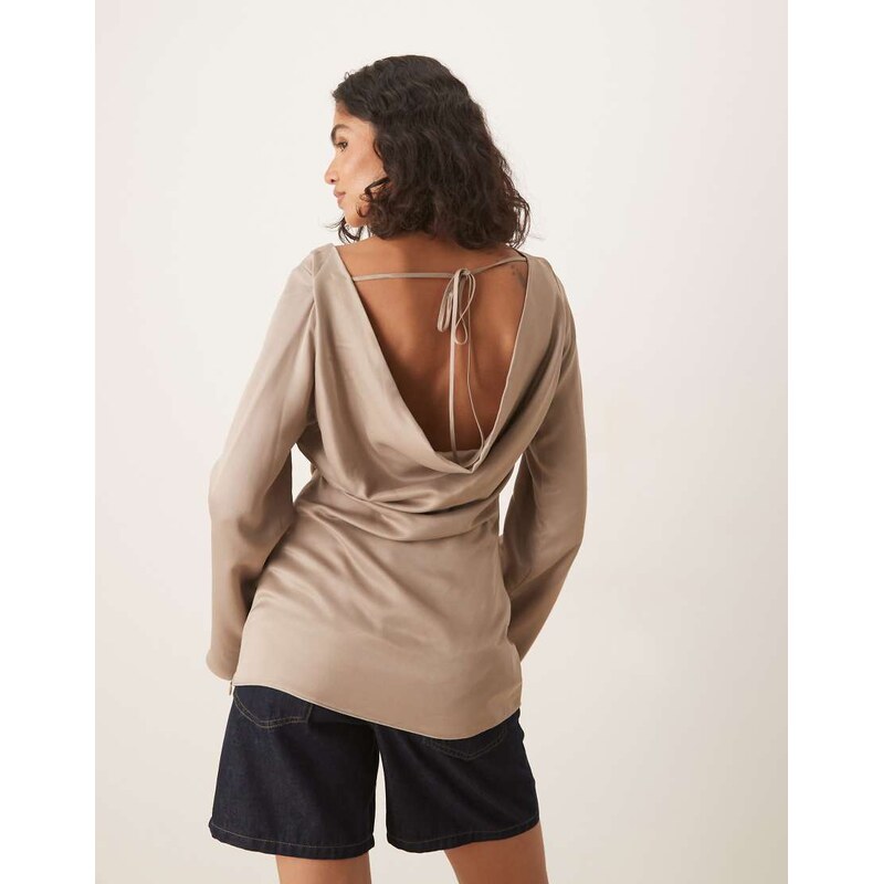 ASOS DESIGN satin cowl back angel sleeve top in mocha-Brown 107955032