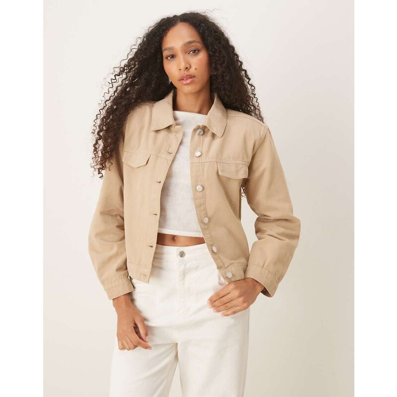 ASOS DESIGN boxy fit denim jacket with shoulder pads in dark brown 107955052