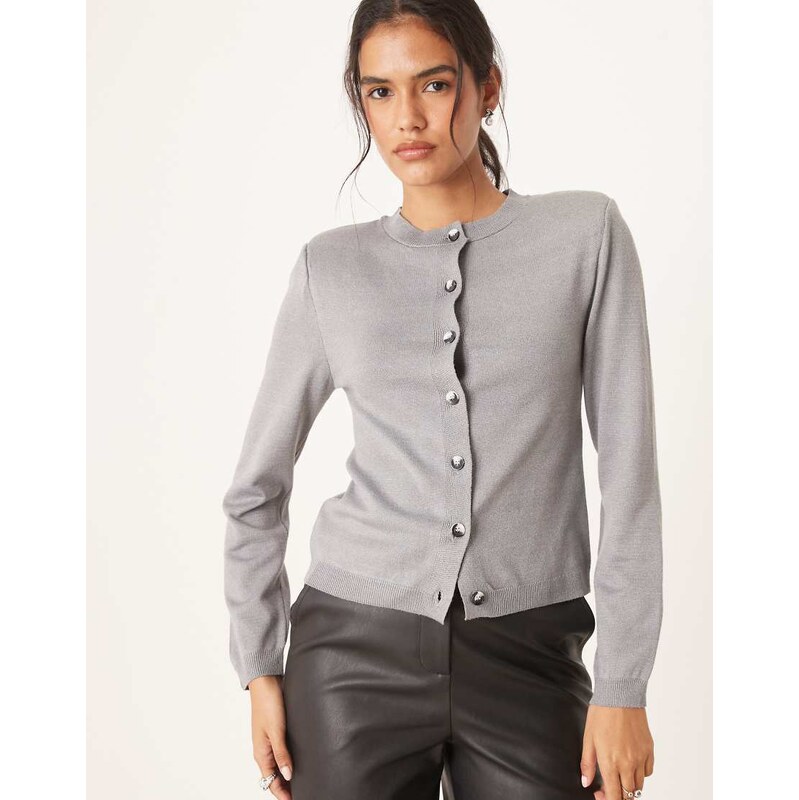 ASOS DESIGN knitted neat fit cardigan with shoulder pads in grey marl 107977060