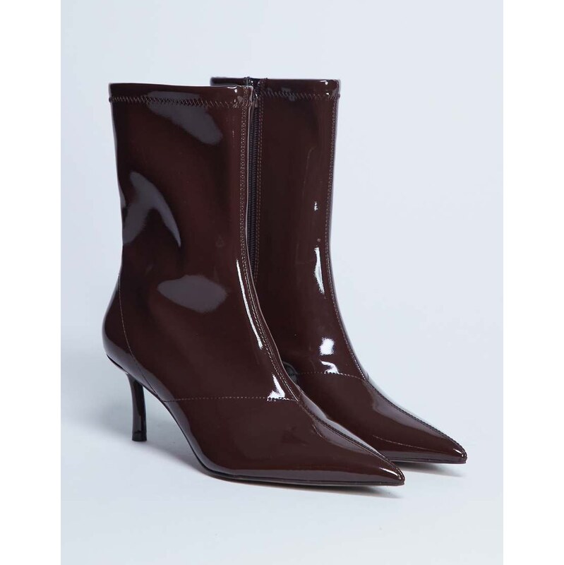 Topshop Pippa point toe stretch ankle boot in patent chocolate