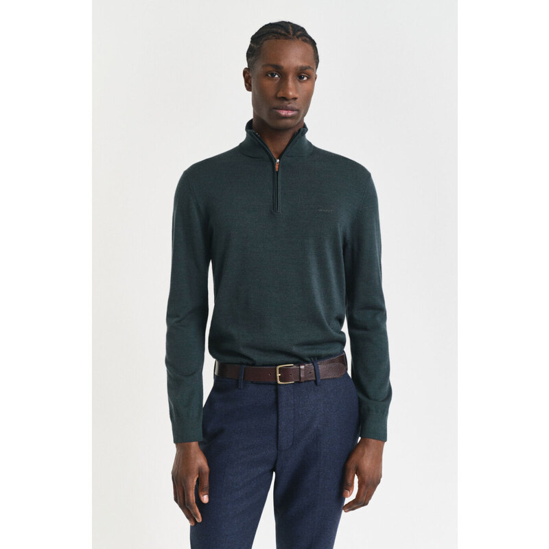 SVETR GANT EXTRAFINE MERINO WOOL HALF ZIP TARTAN GREEN