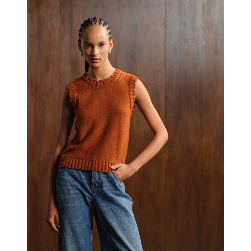 ARKET knitted tank vest with frill edge detail in rust-Brown 107958016