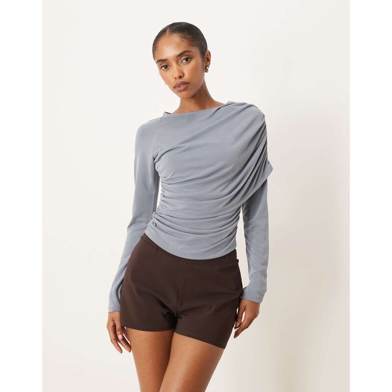 ASOS DESIGN modal wrap detail long sleeve tee in slate-Black