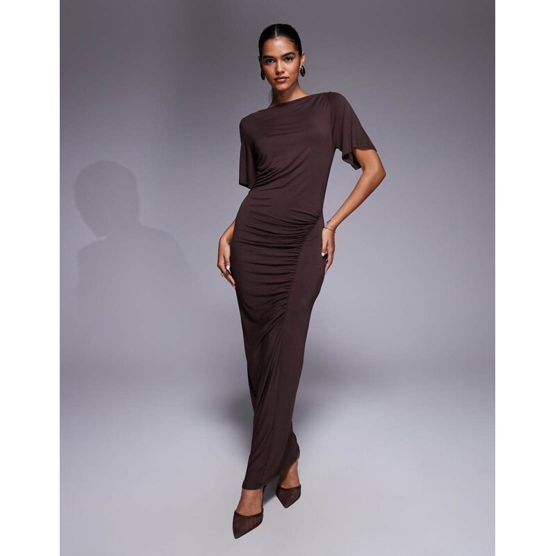 ASOS DESIGN fluted short sleeve midi dress in chocolate-Black