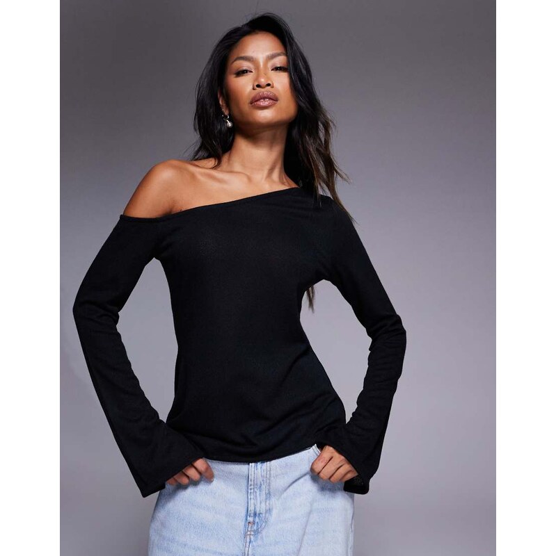 ASOS DESIGN off shoulder sheer knit-look asymmetric top in black