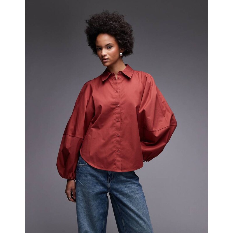 & Other Stories shirt with volume sleeves in burgundy wine-Red