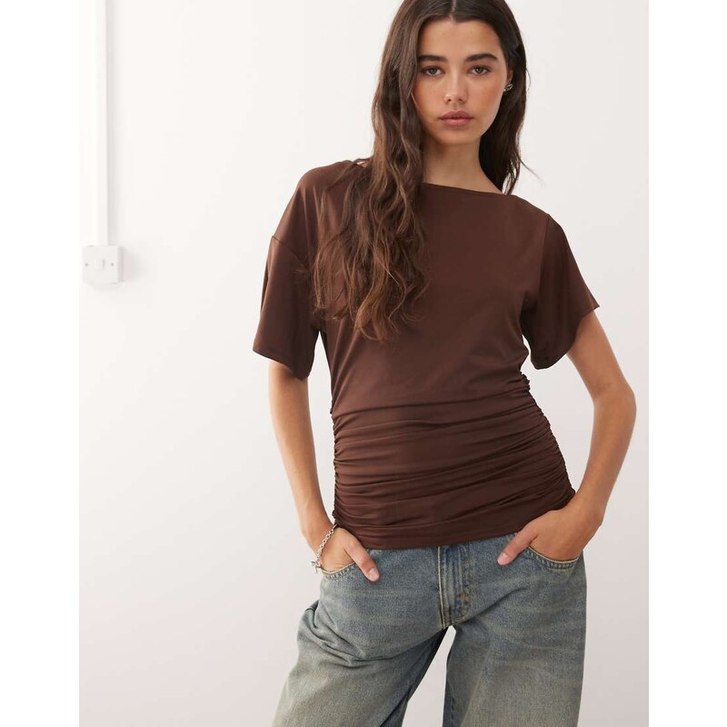 COLLUSION cowl back off-shoulder tee in chocolate brown 108023162