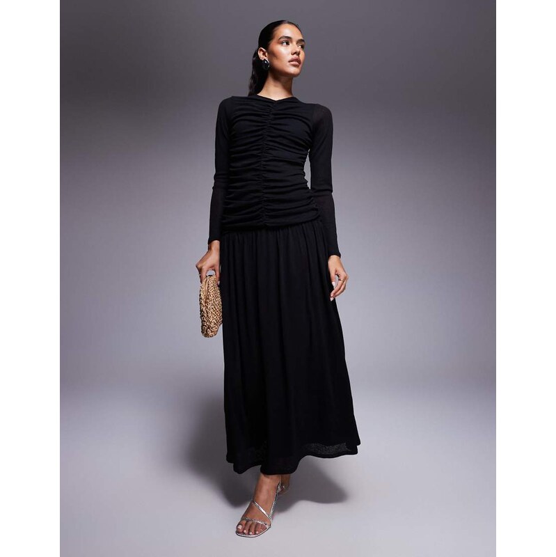 ASOS DESIGN textured ribbed long sleeve ruched front maxi dress
