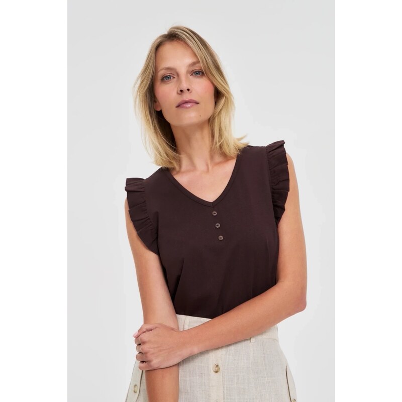 Marisse Brown Blouse With Ruffles On The Shoulders