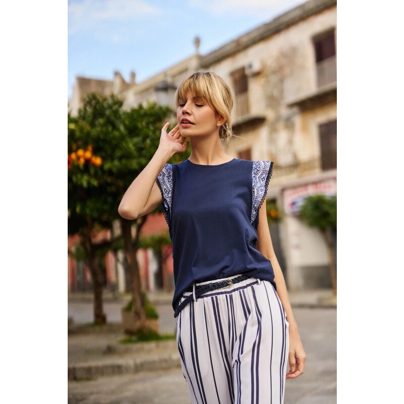 Marisse Navy Blue Cotton Blouse
