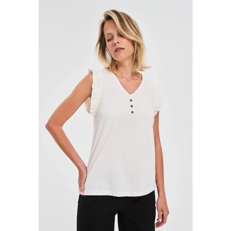 Marisse White Blouse With Ruffles On The Shoulders