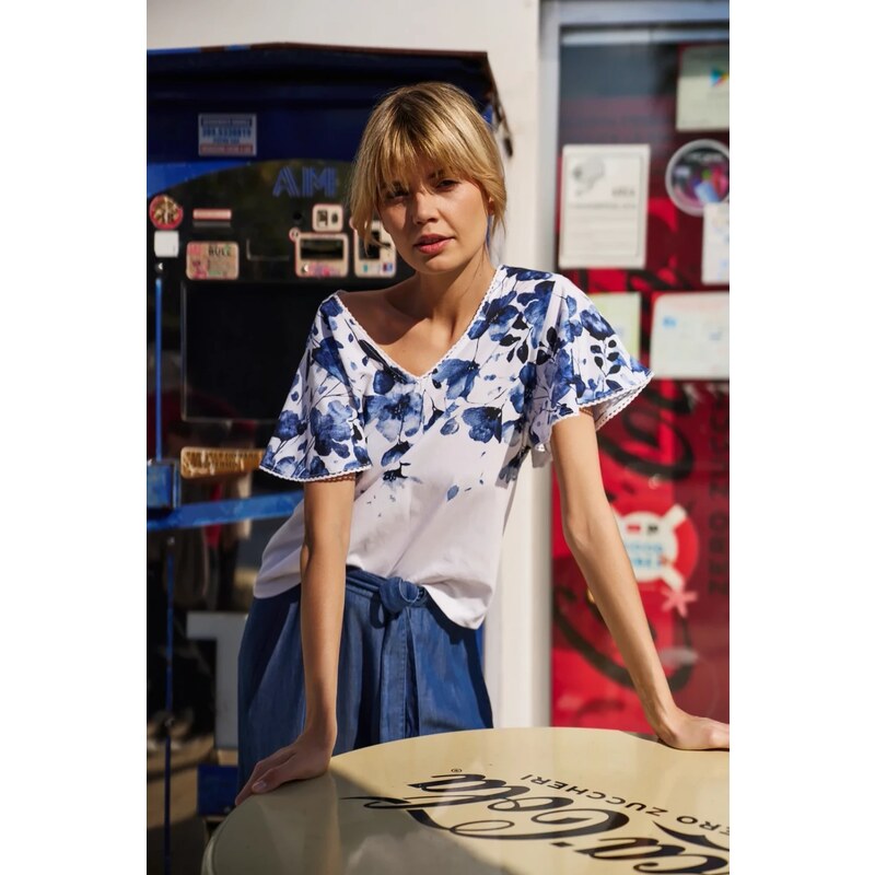 Marisse White Cotton Floral Blouse