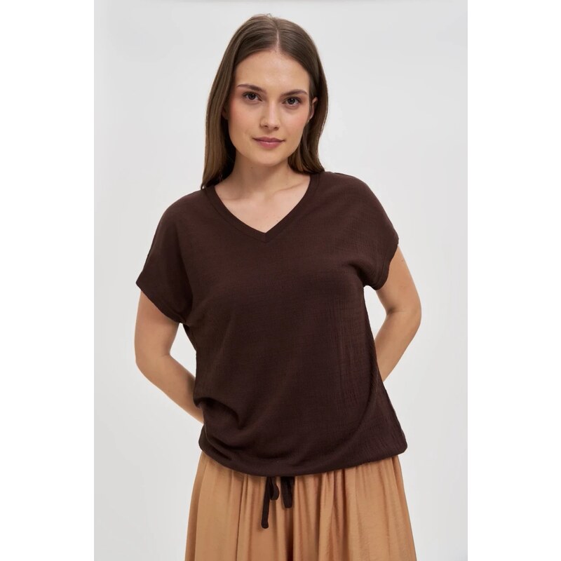 Marisse Brown V-Neck Blouse