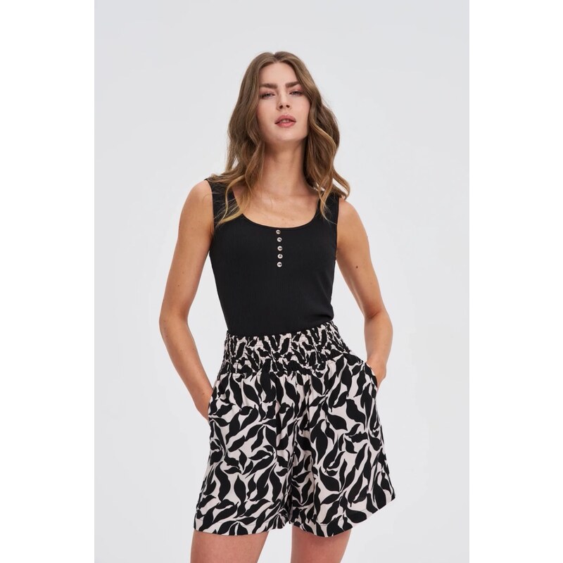 Marisse Black Ribbed Button-Up Top