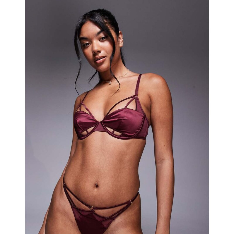 ASOS DESIGN Ash satin & mesh strappy underwired bra in burgundy