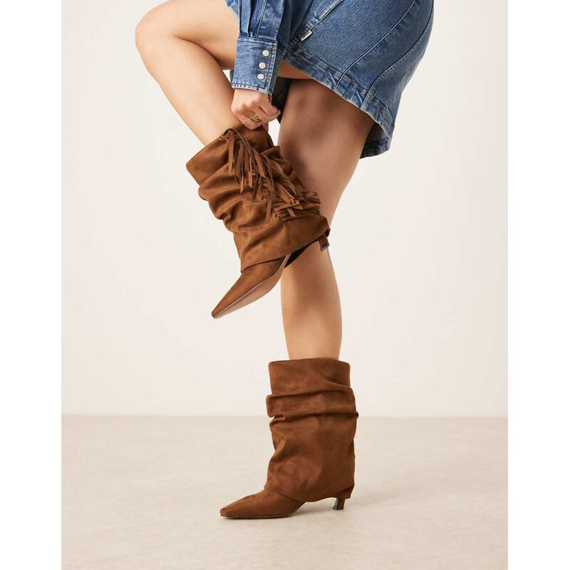 ASOS DESIGN Cordelia slouch pull on fringe boots in tan suedette-Brown 113261858