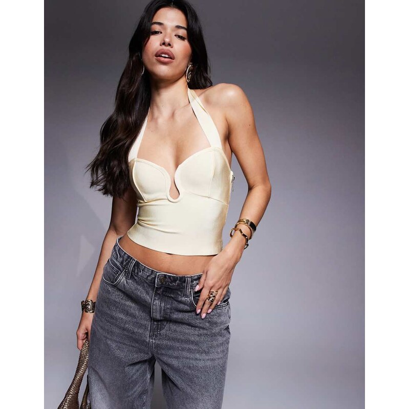 ASOS DESIGN bandage scoop detail halter neck top in buttermilk