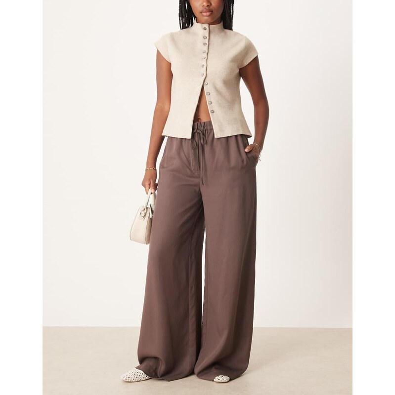 Mango tie waist relaxed trouser in dark brown 107973383