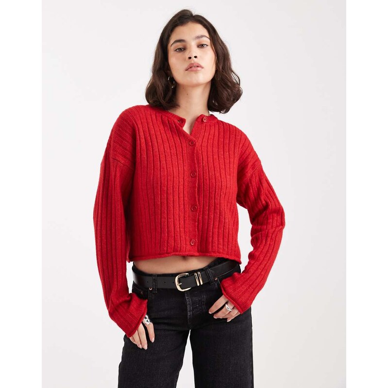 ASOS DESIGN knitted roll trim wide rib cardigan in red-Green