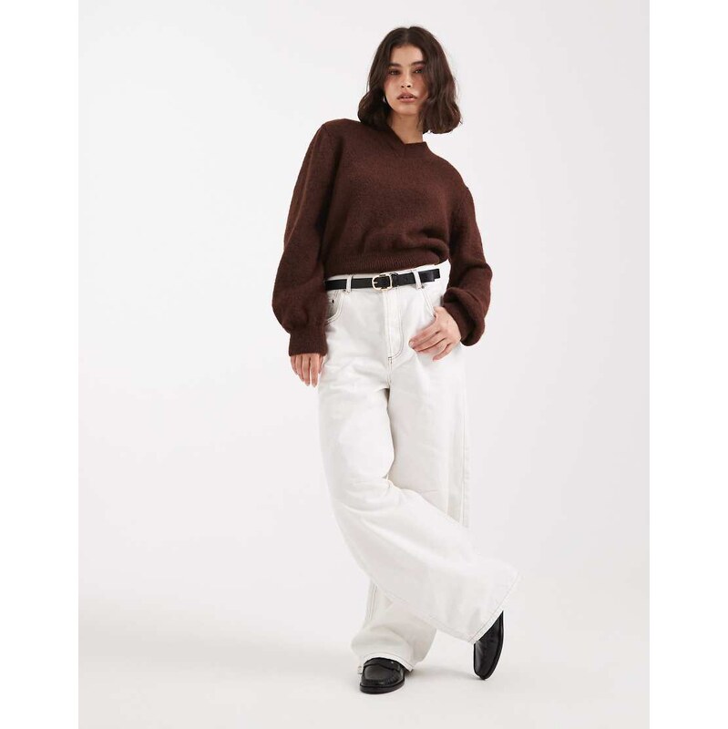 ASOS DESIGN blouson sleeve nipped waist high v jumper in chocolate 107973402