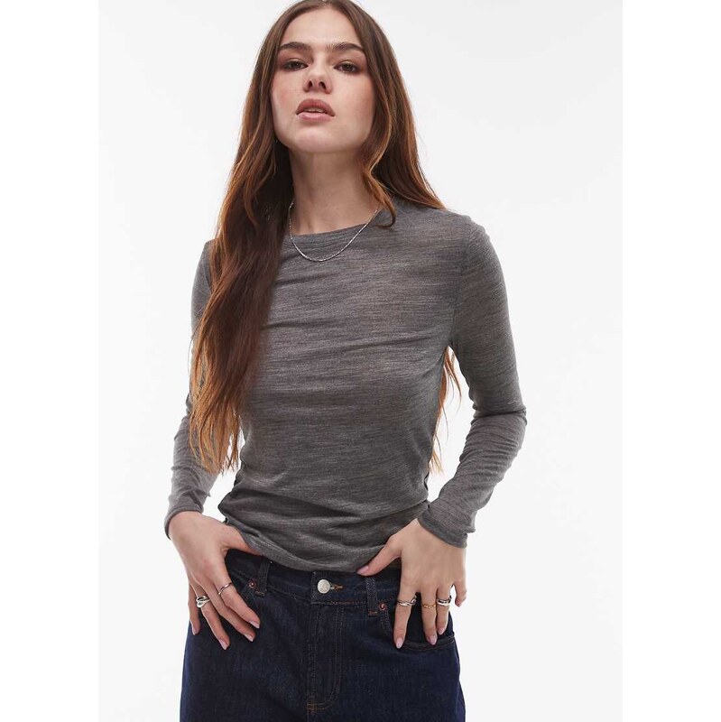 Topshop wool mix long sleeve top in dark grey marl