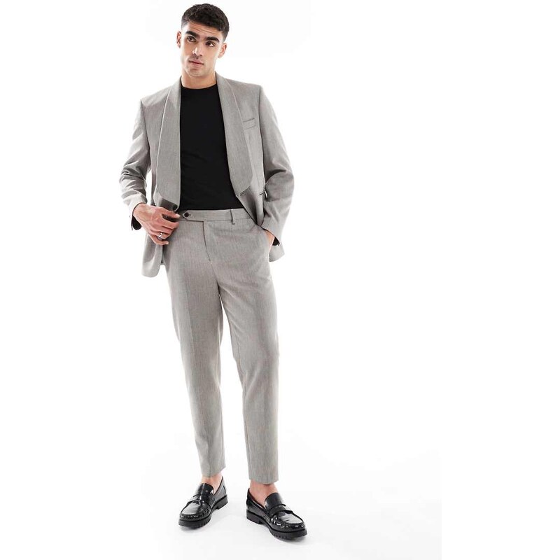 ASOS DESIGN tapered suit trousers with linen in grey herringbone