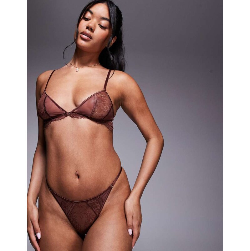 ASOS DESIGN Amber lace & sheer mesh panel soft bra in chocolate - 115511876
