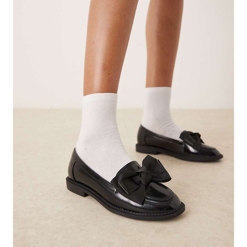 ASOS DESIGN Wide Fit Memphis bow detail flat shoes in black