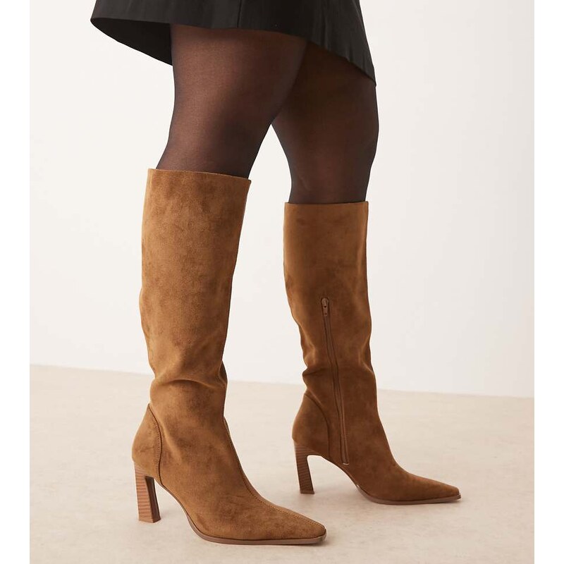 ASOS DESIGN Curve Clara chisel toe knee boots in sand suedette-Brown 107976926