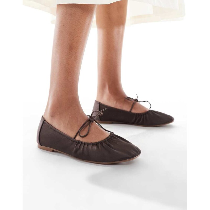 SEQWL Iris tie detail ruched ballet flats in chocolate satin-Brown 115503684