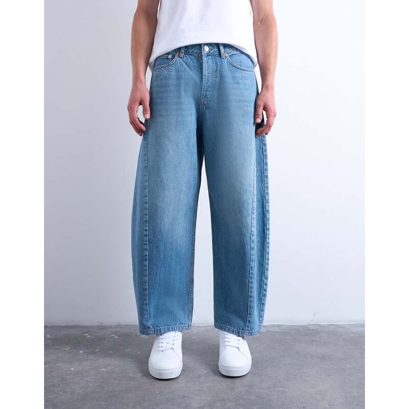 Topman rigid barrel jean in mid wash-Blue