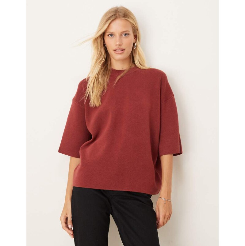 ASOS DESIGN knitted structured oversized t shirt in burgundy-Purple 107981342