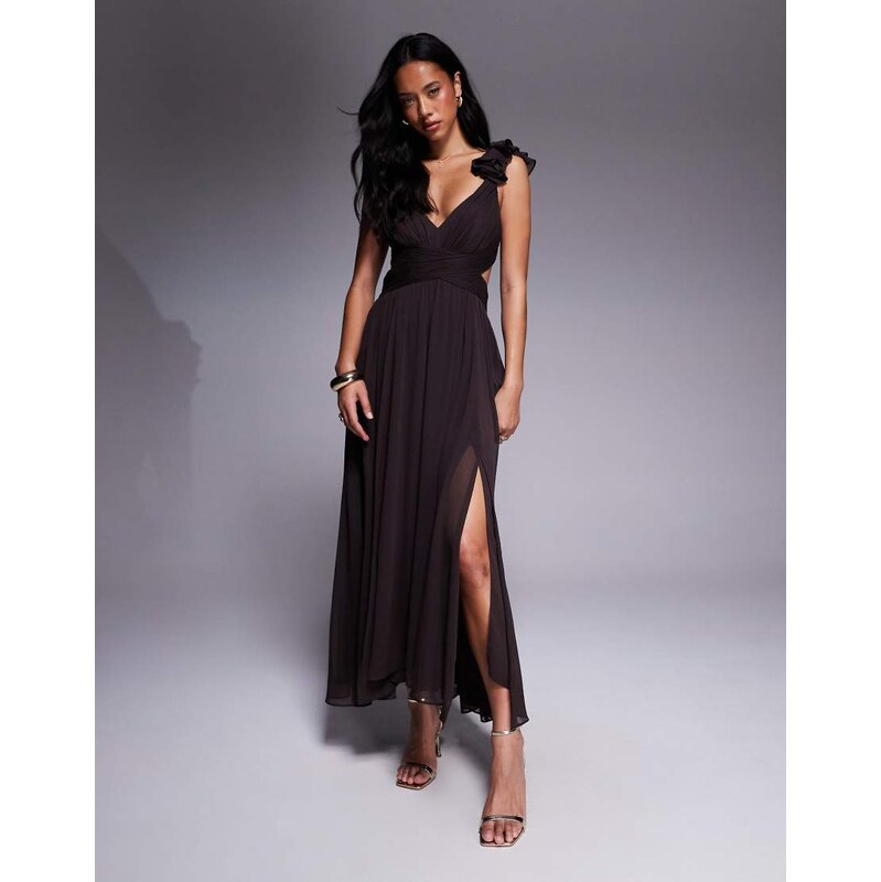 Forever New ruffle shoulder midaxi dress in chocolate-Brown