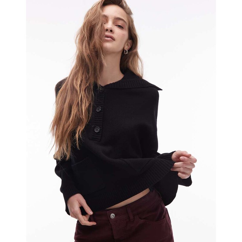ARKET half button cardigan with wide collar and patch pockets in