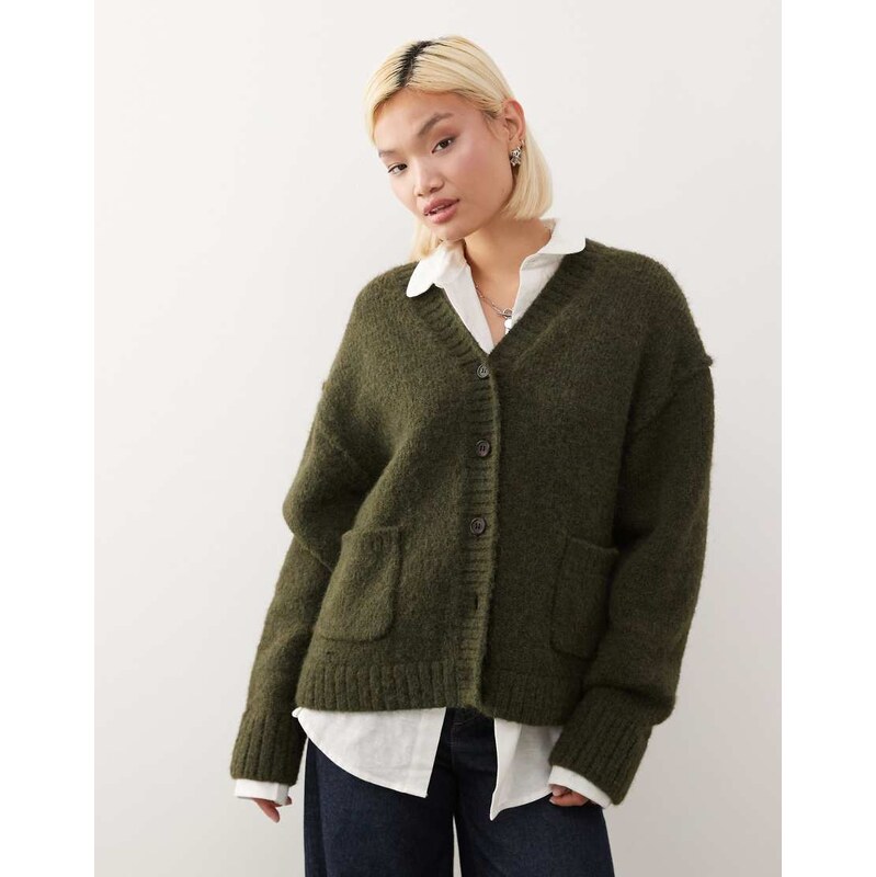 Weekday wool blend relaxed fit v neck cardigan in dark green
